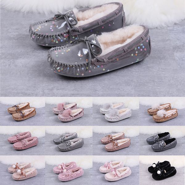 

2019 australia dakotas pom twinkle kids womens fur slides loafers reflective designer fashion plush moccasin-gommino driving casual shoes, Black