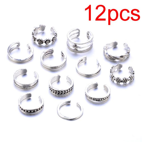 

cluster rings 12pcs women lady unique adjustable opening finger ring retro carved toe foot beach jewelry, Golden;silver