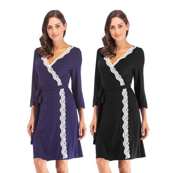 

fashion womens designer nightgown spring autumn nightcoats loose breathable three quarter sleeve sleepwear female clothing, Black;red