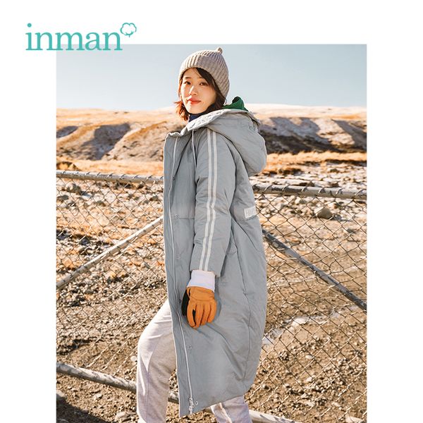 

inman autumn new arrival female hooded embroidery loose casual long section down coat, Black