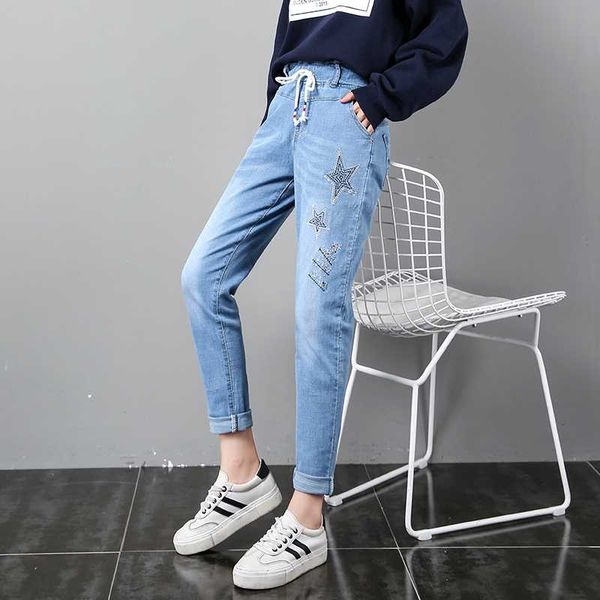 

jeans for women high waist jeans 2020 spring new denim pants fashion elastic waist loose women embroidered straight pants, Blue