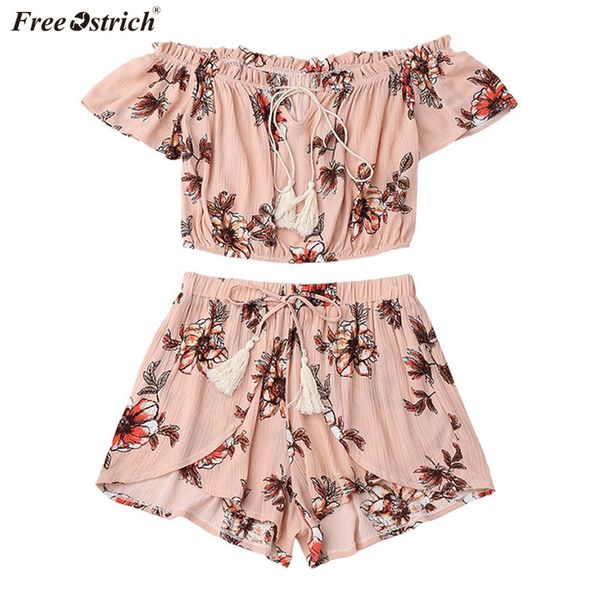 

ostrich womens 2 piece sets 2019 pant suits for women floral print off shoulder printed beachwear crop set, White