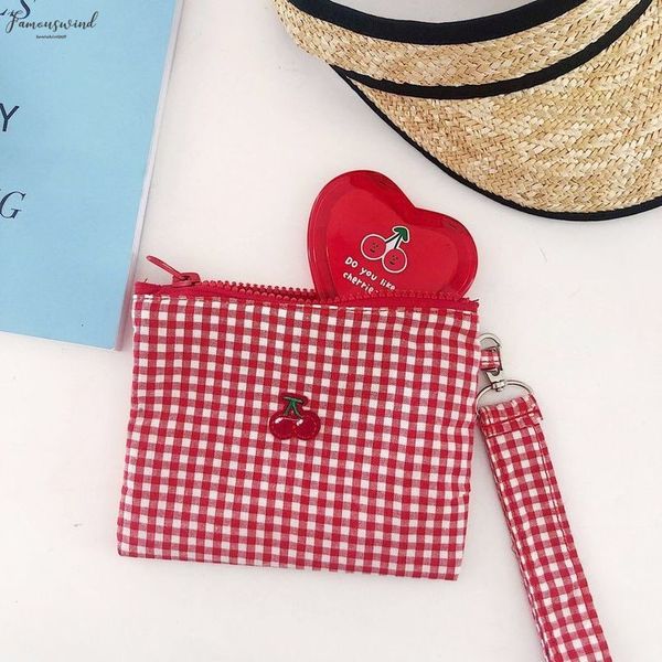

cherry red plaid cotton fabric string handbag women girls sweet zipper should bags card holder capacity make up bag case