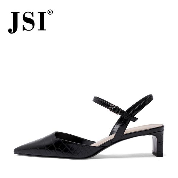 

jsi sandals woman pointed toe cow leather checkered pattern buckle strap shoes woman high hoof heel sandal jo529, Black