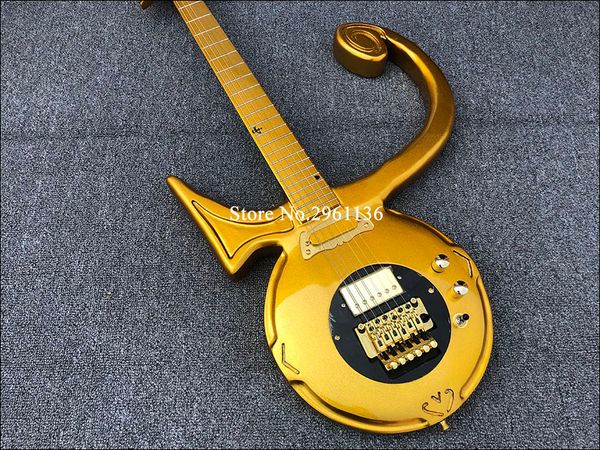 Rare Shaped Guitar Gold Prince Love Symbol Guitare électrique Floyd Rose Tremolo Cordier, Or Single Pickup Gold Ring, Black Pickguard