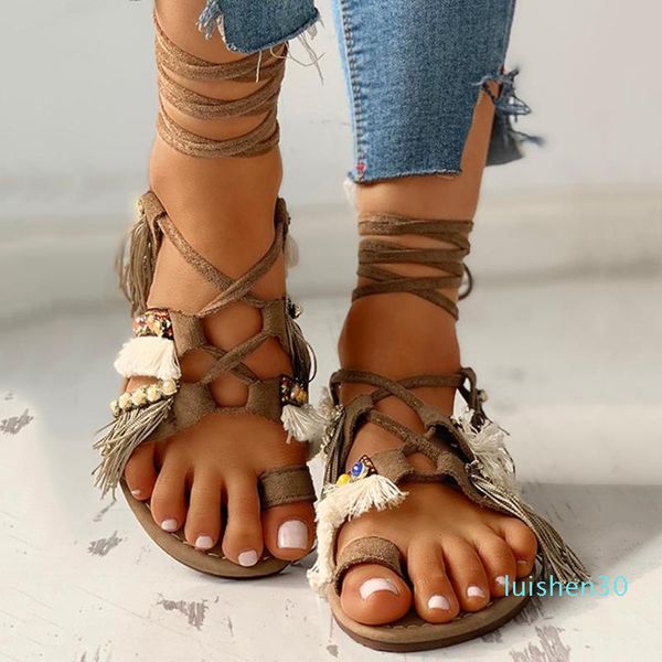 

long tassel fisherman sandals women plus size summer beach ankle strap casual shoes girls sandal flat heel fringe rome sandalias l30, Black