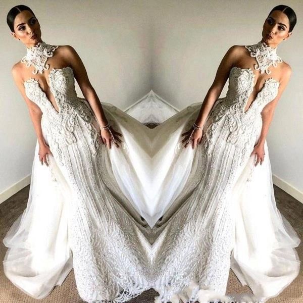 

fancy lace sleeveless mermaid wedding dresses 2019 high neck beaded with overskirts plus size vintage bridal wedding gowns bc0672, White