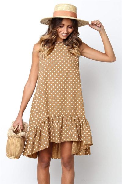 

uideazone 2019 women's summer fashion round neck sleeveless polka dot loose large ruffled dress new arrival holiday dress, Black;gray