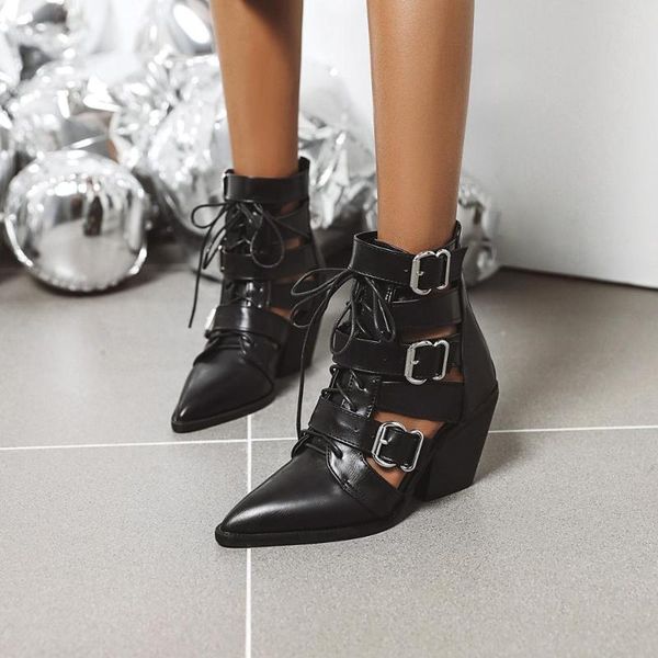 

ladies hollow short boots women's fashion pointed shoes high heeled belt buckle booties lady elegant high square heels shoes, Black