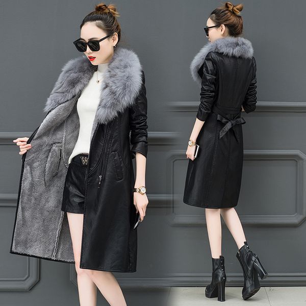 

winter fashion big fur collar female leather jacket 2018 korean slim lapel belt belt pu locomotive coat plus size 4xl 4 colors, Black
