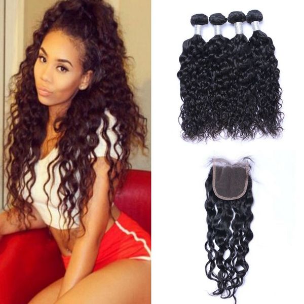 

brazilian virgin hair bundles with lace closure water wave closure human hair with 4 bundles, Black;brown