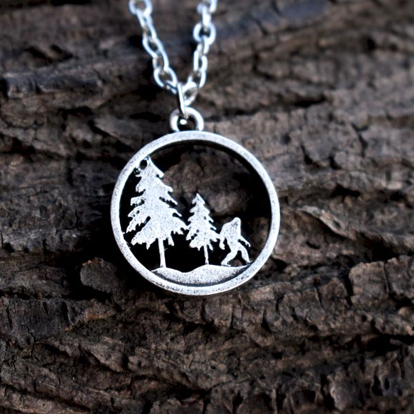 

sanlan 10pcs sasquatch bigfoot necklace under the pine tree jewelry hiking outdoor gift, Silver