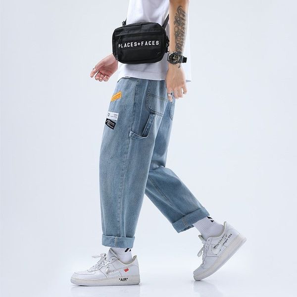 

trendy fashion trend pants hip hop style male jeans mens solid straight leg jeans loose blue patch decoration