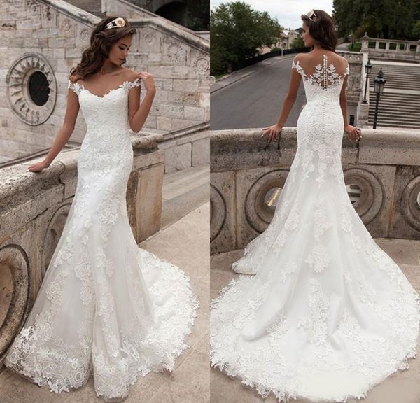 

milla nova 2020 new arrival mermaid wedding dresses vintage scoop neck appliques short sleeve lace vestido de noiva bridal dresses, White