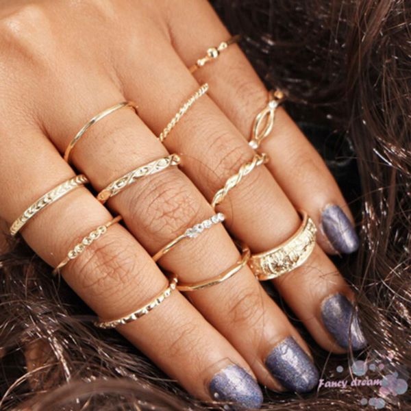 

fashion multi-piece women finger ring sets sweet crystal water drop bohemia charm ring sets for women party jewelry gift, Golden;silver