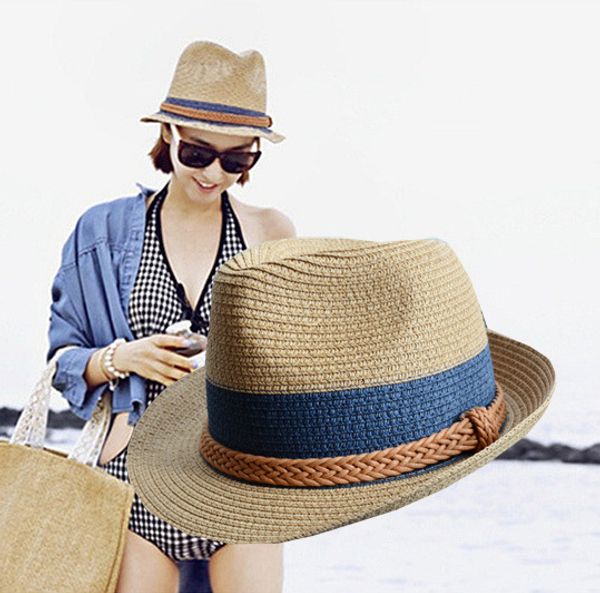 

new fashion fedora for women ladieds summer straw sun hat panama femal jazz cap beach casual cap chapeau femme, Blue;gray
