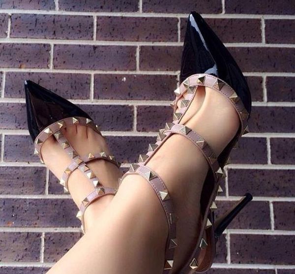 

2019ss wedding women lady red patent leather strappy spikes poined toes high heeled heels shoes stiletto heel shoes pump 10cm