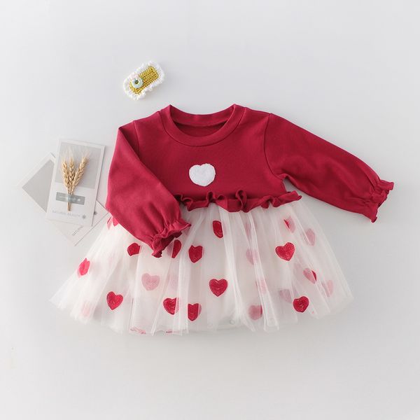 

wholesale love heart baby girl dress 2020 valentines day long sleeve red bodysuit princess dresses baby clothes 0-2y e91012, Red;yellow