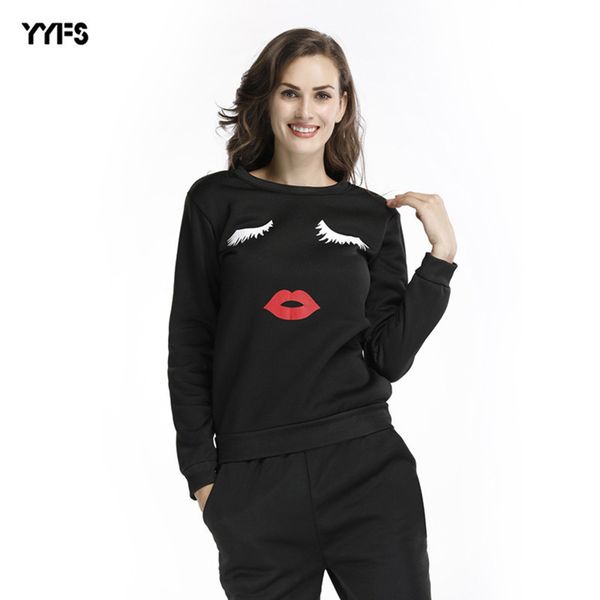 

womens designer season long sleeve plus velvet lip print loose sweater large size shirt womenzxmh, Black;brown