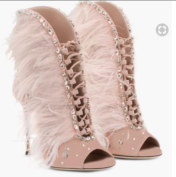 Hot sale moda mulheres tornozelo botas peep toe botas de alto salto alto botas diamante garanhão botas rosa botas de cor sapatos de festa mulheres botas de penas
