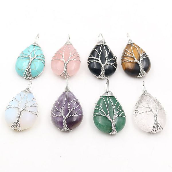 

10 шт wire wrap water drop ожерелье много цветов кварцевый камень кулон дерево ювелирных изделий жизни моды, Silver