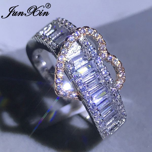 

junxin cute heart rings for women 925 silver rose gold filled white cz austrain crystal ring female wedding valentine jewelry, Slivery;golden