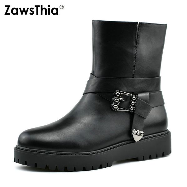 

zawsthia 2018. круглого носок черного платформа ботинки для женщины пряжки ремня ботильоны зима теплого плюша женской обуви женщина снег, Black