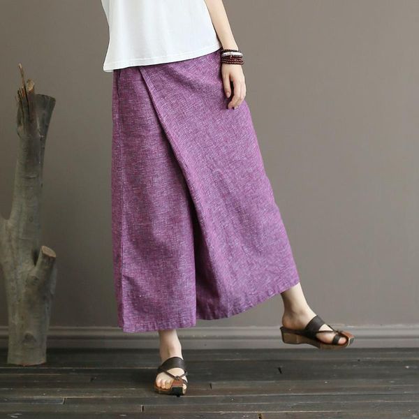 

johnature solid color упругие mid талии новая юбка брюки 2019 новое лето урожай сыпучие хлопок белье щиколоток ног широкие брюки, Black;white