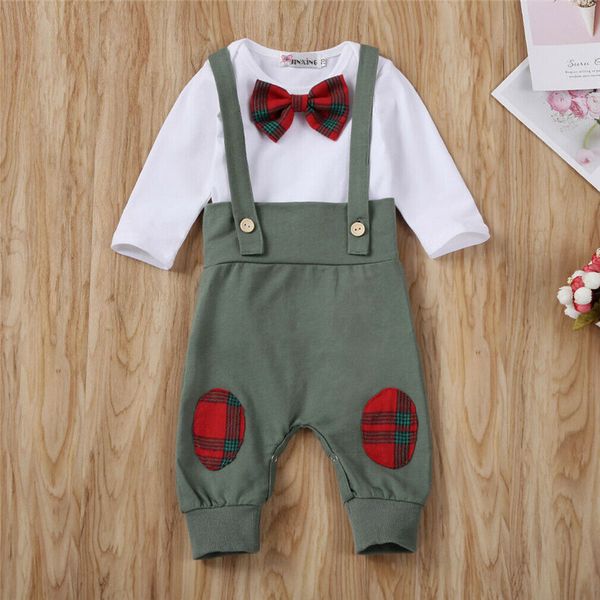 

newborn infant kid baby boy gentleman outfits long sleeve bowknot jumsuit rompers overall belt pants clothes set, White