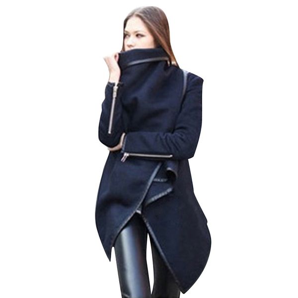 

women winter coat long trench navy blue cotton solid button collar double breasted elegant plus size women clothes new wool coat, Black