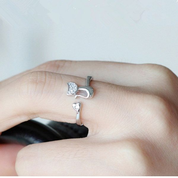 

s925 silver rings woman ' jewelery animal cats kawaii adjustable white gold girls students jewels fashion trendy exquisite 2019 arrive
