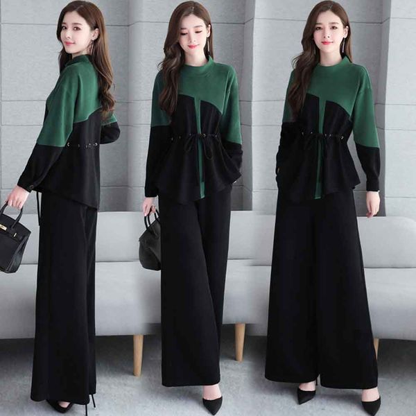 

2019 autumn new korean casual suit drawstring waist coat wide leg pants trousers western style two-piece suit, Black