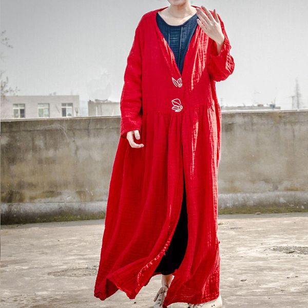 

johnature women fall red trench coat cotton linen v-neck 2019 autumn new vintage long sleeve loose coat embroidery women trench, Tan;black