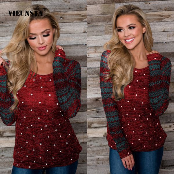 

vieunsta christmas polka dot print pullovers autumn winter long sleeve hoodies casual o-neck patchwork slim sweatshirt, Black