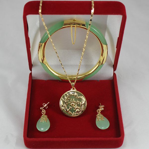 

noble 7.5' light green jades bracelet, earings, and gp dragon inlay pendant jewelry sets for party and wedding, Black