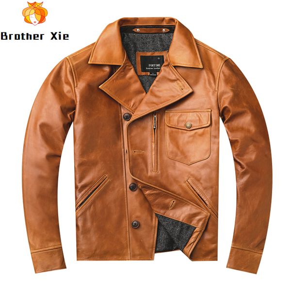 

2020 men's oil wax sheepskin jackets genuine cowhide leather jackets yellow motocycle leather coat for male, Black