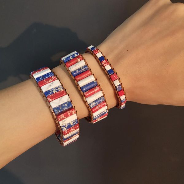 

belleper natural stone handmade multi color bracelets jewelry american flag red white blue beads hand woven adjustable bracelet, Golden;silver