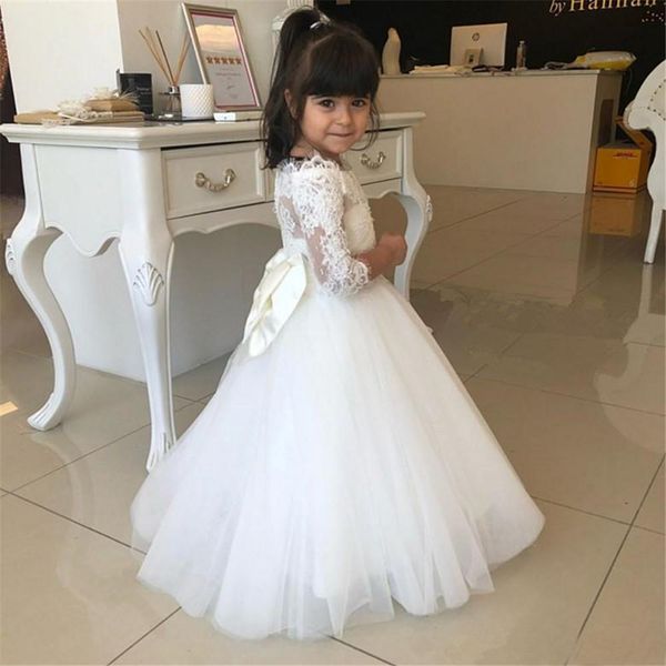 

flower girls dresses white lace holy communion gowns 3/4 sleeves bateau neck zipper back bow christmas party gowns b59, White;blue