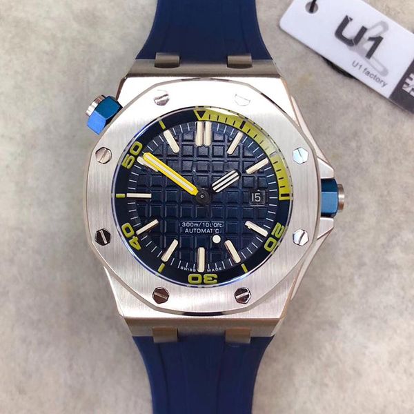 

u1 factory royal oak синий циферблат diver гравировка автоматическое движение 15703 серии резиновый ремень мужские черный циферблат спорта с, Slivery;brown