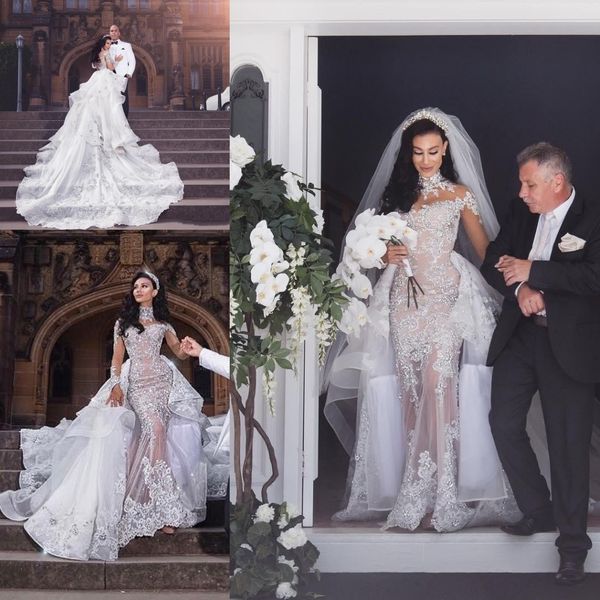 

русалка свадебные платья 2020 sheer длинные рукава высокий воротник иллюзия кружева аппликация boho свадебное платье свадебное платье свадеб, White