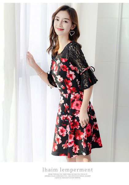 

floral a word shoulder dress casual, Black;gray