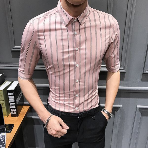 

men shirt half sleeve summer 2019 streetwear striped shirts dress slim fit casual business formal wear tuxedo 3xl, White;black