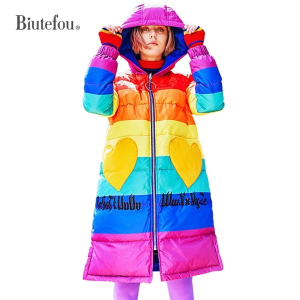 

2019 winter thick white duck down patchwork down coats women fashion color long hooded double-sided jackets, Black