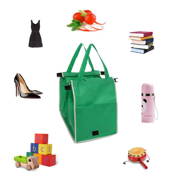 

green ecofriendly foldable shopping bag grocery bag fabric shopping carrier clip-to-cart supermarket large capacity tote bag xd23222