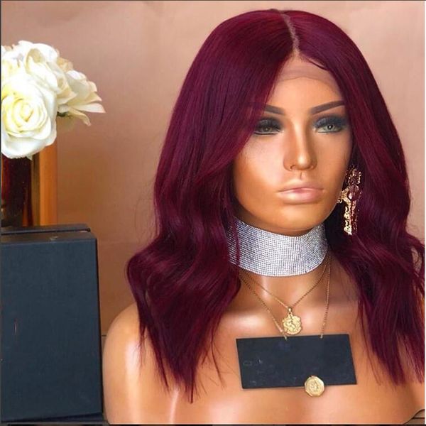 

natural hair glueless burgundy color body wave synthetic lace front wigs for black women short bob heat resistant fiber hair