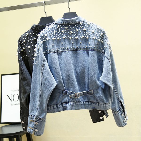 

fashion cropped beading denim jacket women korean style casual modish short ladies coats and jackets womens streetwear 2019 fall, Black;brown
