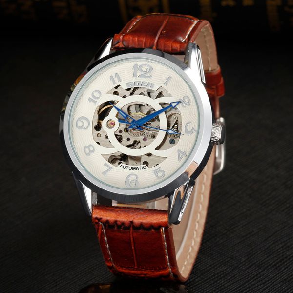

goer men watches men mechanical wristwatches luxury automatic self wind watches skeleton leather band reloj hombre, Slivery;brown