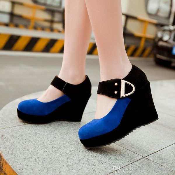 

wholesaler factory price seller classic fashion wedge heel round nose fashion women lady patchwork buckle shoe166, Black