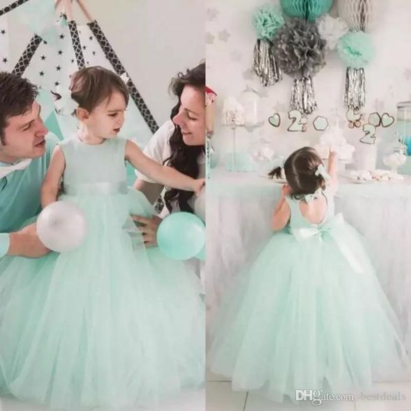 

lovely 2020 mint tulle ball gown flower girl dresses for weddings jewel cut out back bow sash floor length birthday party gown, White;blue