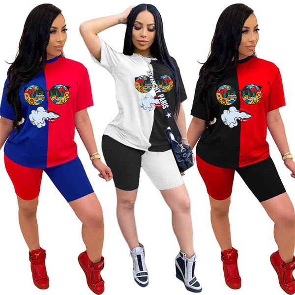 

plus size 2xl women summer short sleeve print t-shirt short pants panelled two piece set outfits casual print sportswear jogger suit 3217, Black;gray